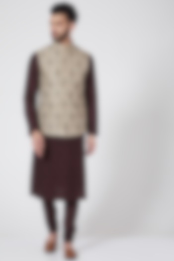 Sand Waistcoat With Applique Work by Abhishek Gupta Men at Pernia's Pop Up Shop