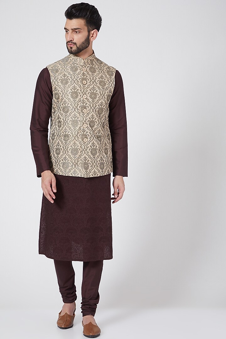 Sand Waistcoat With Applique Work by Abhishek Gupta Men at Pernia's Pop Up Shop