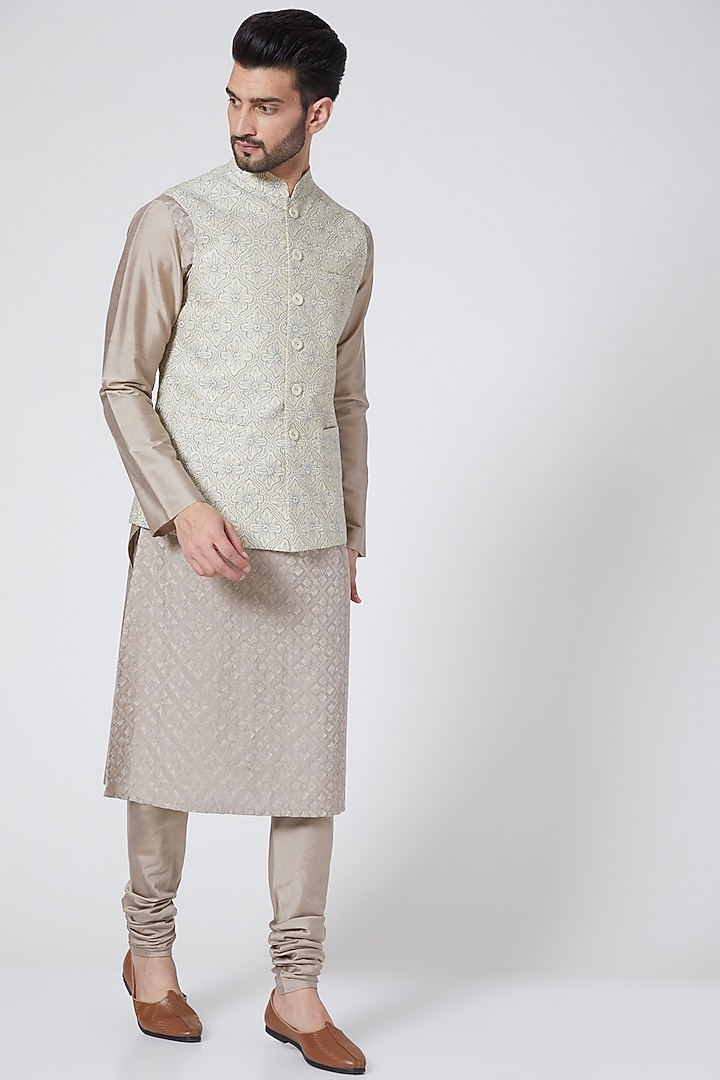 Light Beige Waistcoat With Dotted Resham Work by Abhishek Gupta Men at Pernia's Pop Up Shop