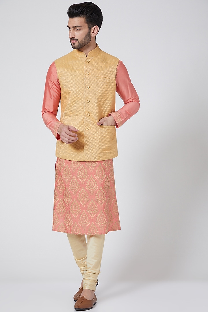 Mango Yellow Lurex Nehru Jacket by Abhishek Gupta Men at Pernia's Pop Up Shop