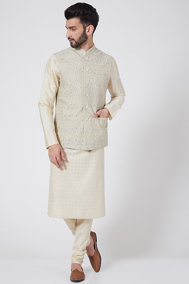 Light Beige Cotton Silk Waistcoat by Abhishek Gupta Men at Pernia's Pop Up Shop