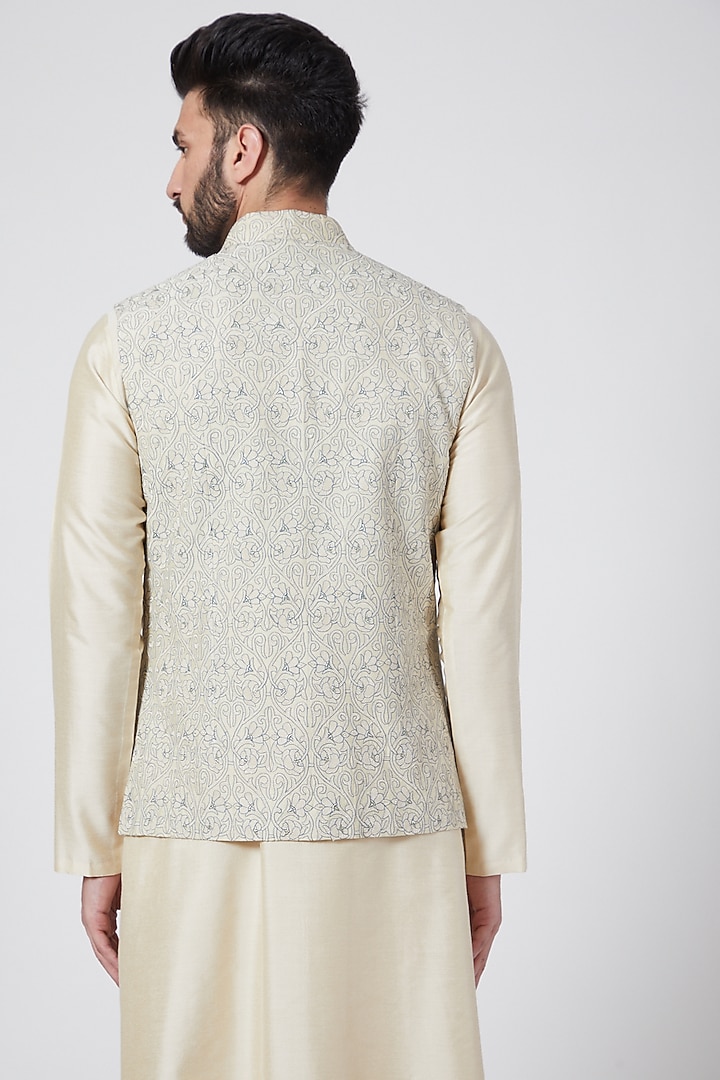 Light Beige Cotton Silk Waistcoat by Abhishek Gupta Men at Pernia's Pop Up Shop