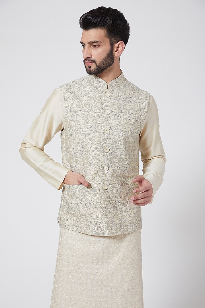 Light Beige Cotton Silk Waistcoat by Abhishek Gupta Men at Pernia's Pop Up Shop