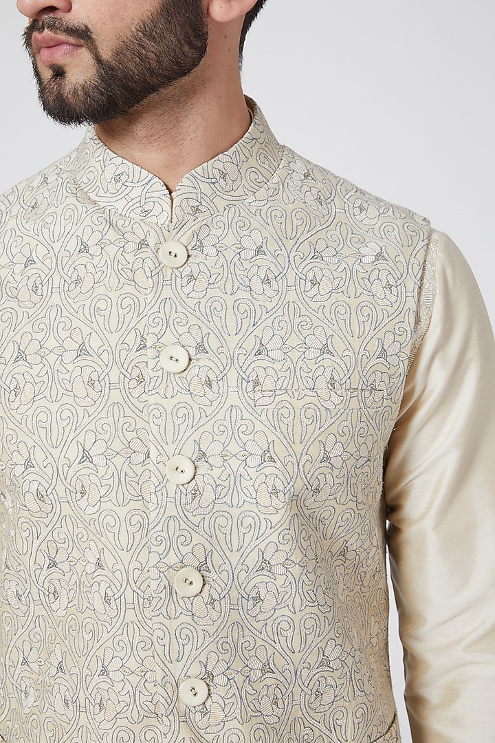 Light Beige Cotton Silk Waistcoat by Abhishek Gupta Men at Pernia's Pop Up Shop
