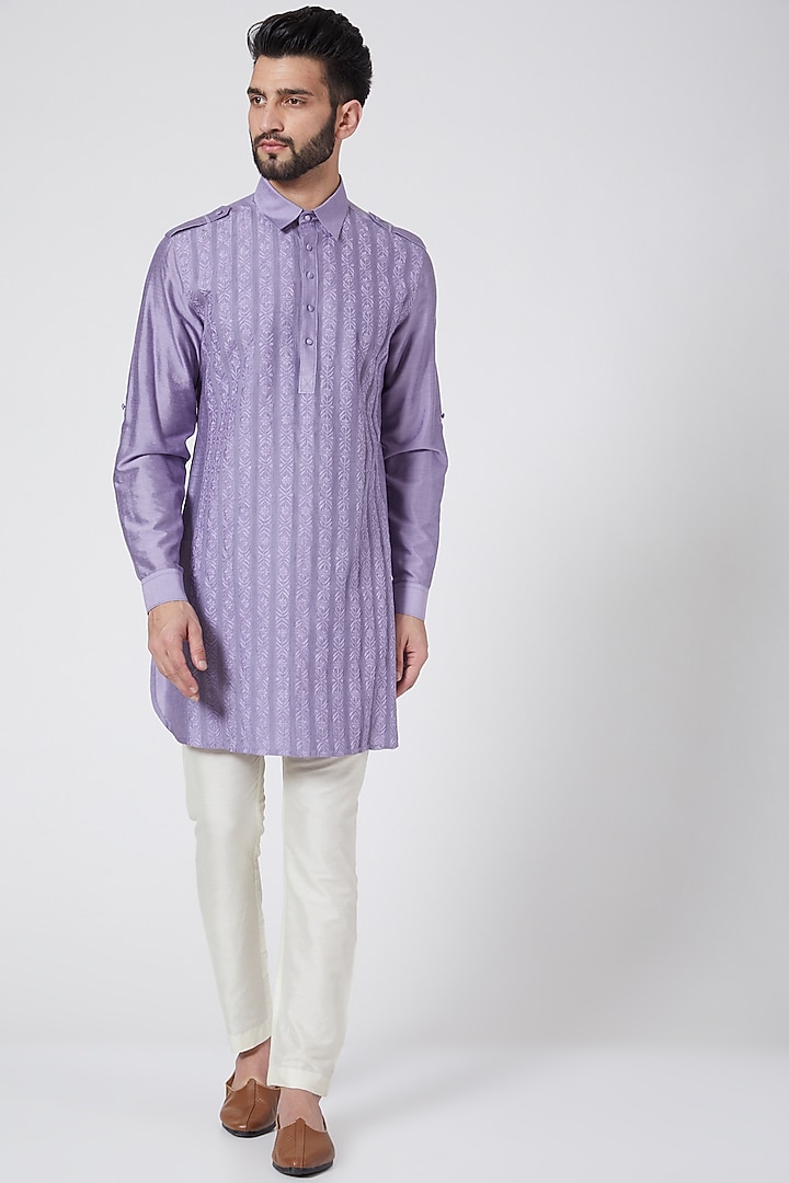 Light Purple Cotton Silk Floral Dori Work Short Kurta by Abhishek Gupta Men at Pernia's Pop Up Shop