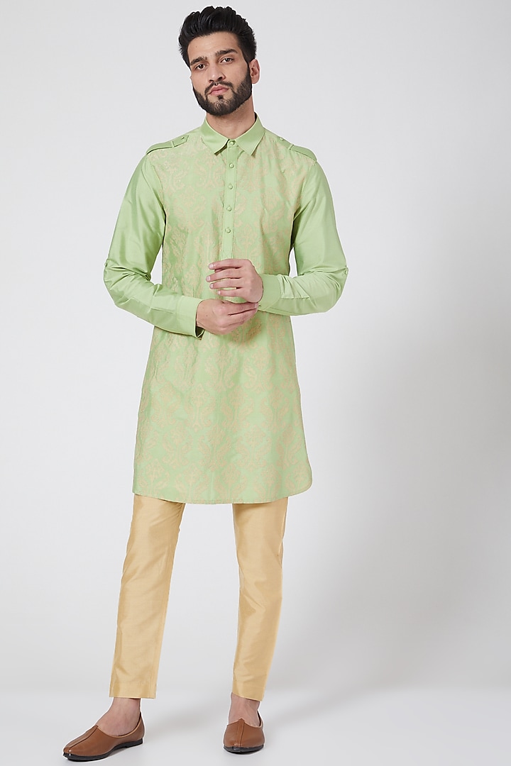 Lime Green Embroidered Short Kurta by Abhishek Gupta Men at Pernia's Pop Up Shop