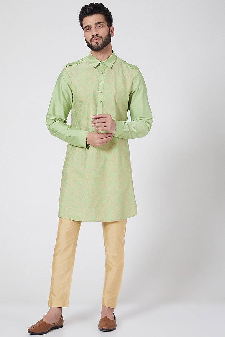 Lime Green Embroidered Short Kurta by Abhishek Gupta Men