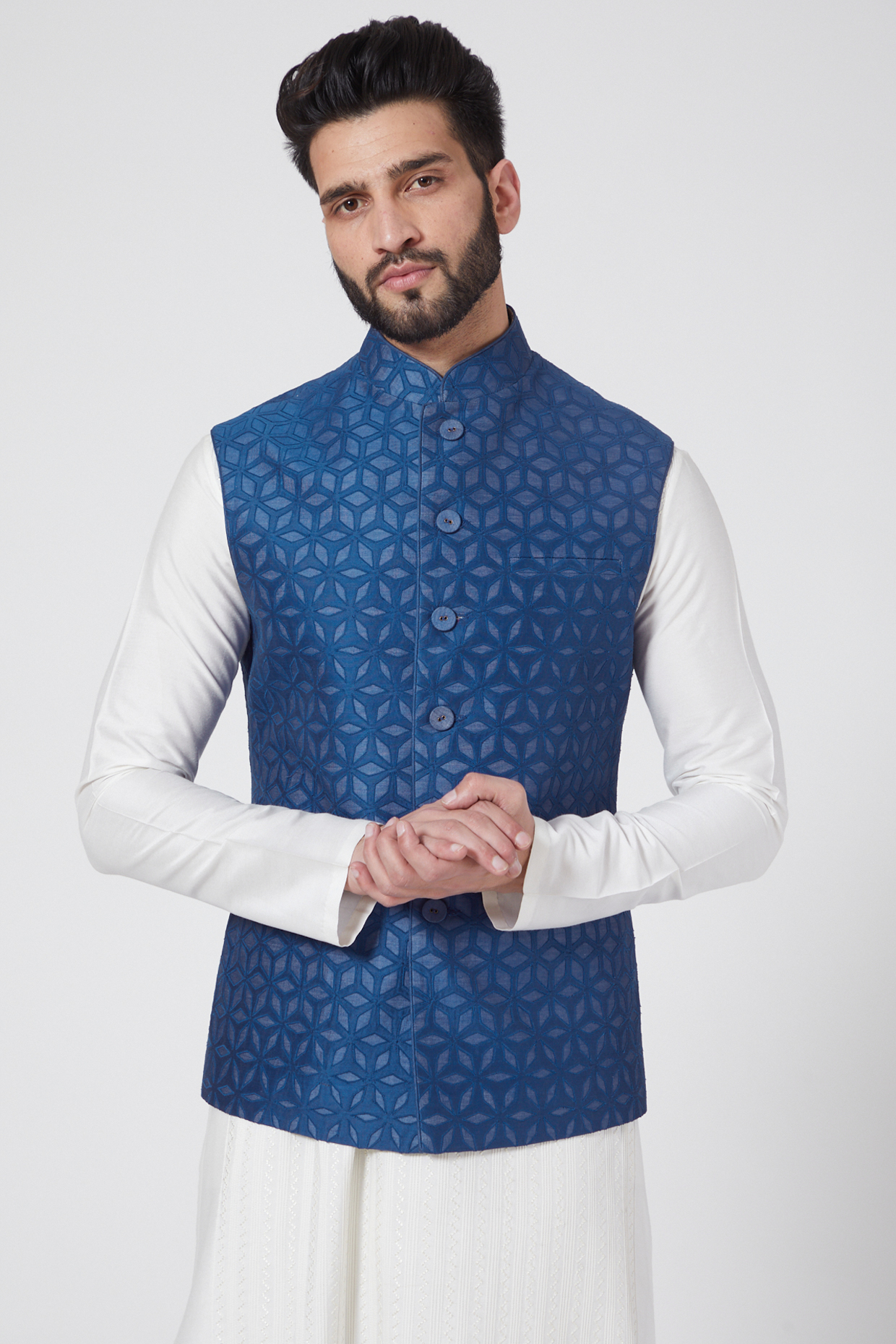Royal Blue Chanderi Silk Resham Work Waistcoat by Abhishek Gupta Men