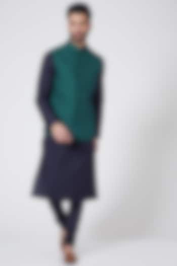 Teal Silk Quilter Resham Work Bundi Jacket by Abhishek Gupta Men at Pernia's Pop Up Shop