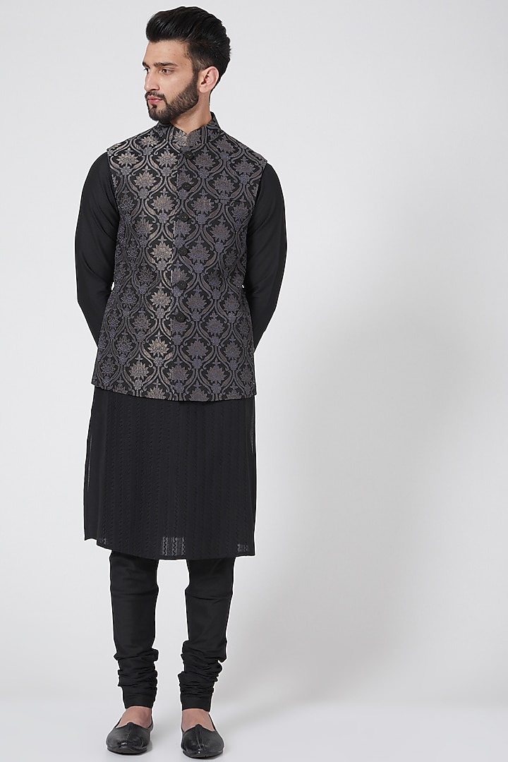Black Raw Silk Resham & Applique Work Bundi Jacket by Abhishek Gupta Men at Pernia's Pop Up Shop