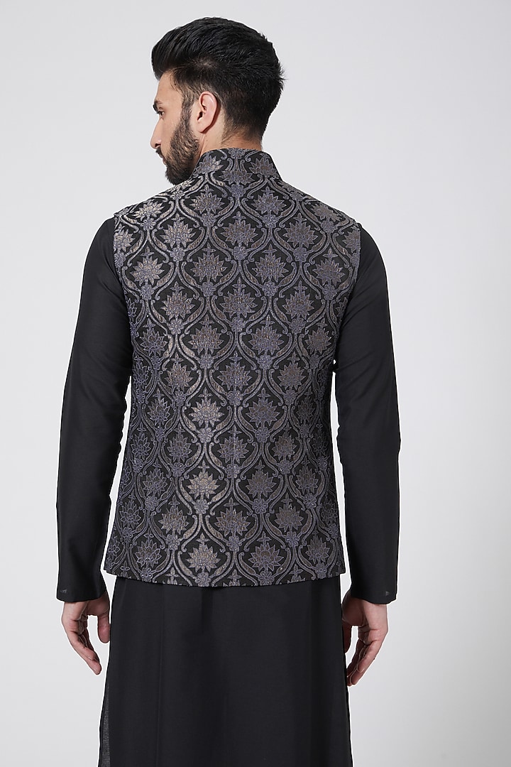Black Raw Silk Resham & Applique Work Bundi Jacket by Abhishek Gupta Men at Pernia's Pop Up Shop