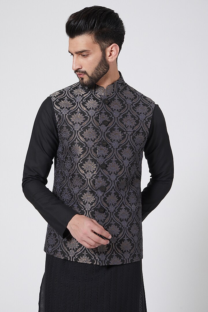 Black Raw Silk Resham & Applique Work Bundi Jacket by Abhishek Gupta Men at Pernia's Pop Up Shop