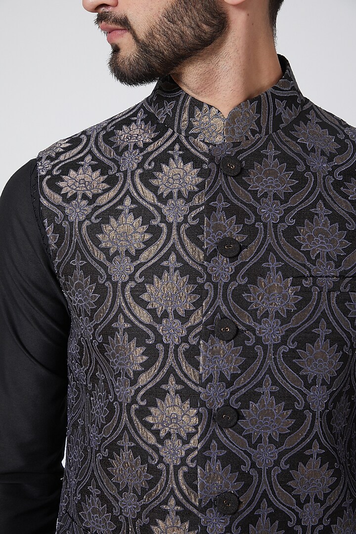 Black Raw Silk Resham & Applique Work Bundi Jacket by Abhishek Gupta Men at Pernia's Pop Up Shop