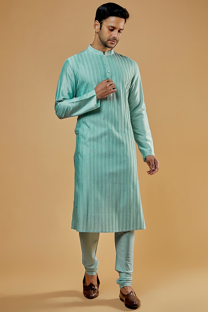 Powder Blue Cotton Silk Embroidered Kurta Set by Abhishek Gupta Men at Pernia's Pop Up Shop