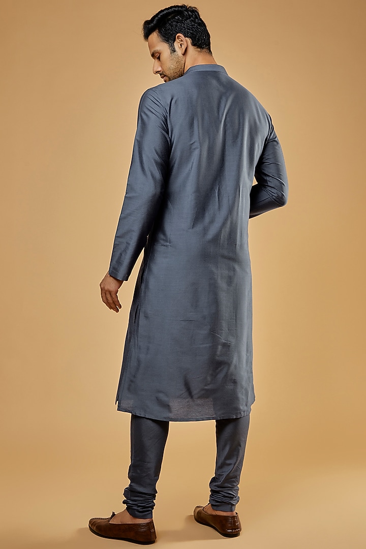 Charcoal Grey Cotton Silk Embroidered Kurta Set by Abhishek Gupta Men at Pernia's Pop Up Shop