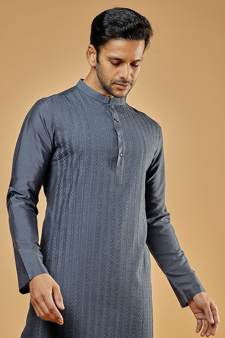 Charcoal Grey Cotton Silk Embroidered Kurta Set by Abhishek Gupta Men at Pernia's Pop Up Shop