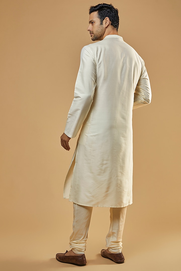 Cream Cotton Silk Kantha Embroidered Kurta Set by Abhishek Gupta Men at Pernia's Pop Up Shop