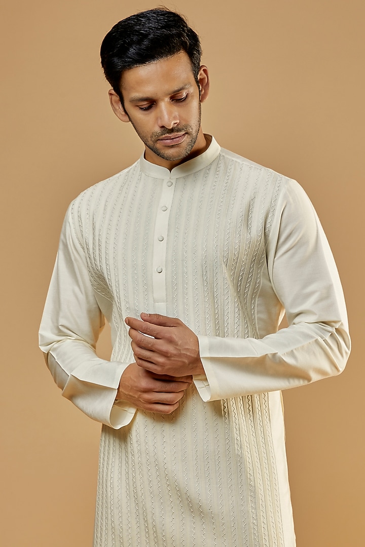 Cream Cotton Silk Kantha Embroidered Kurta Set by Abhishek Gupta Men at Pernia's Pop Up Shop