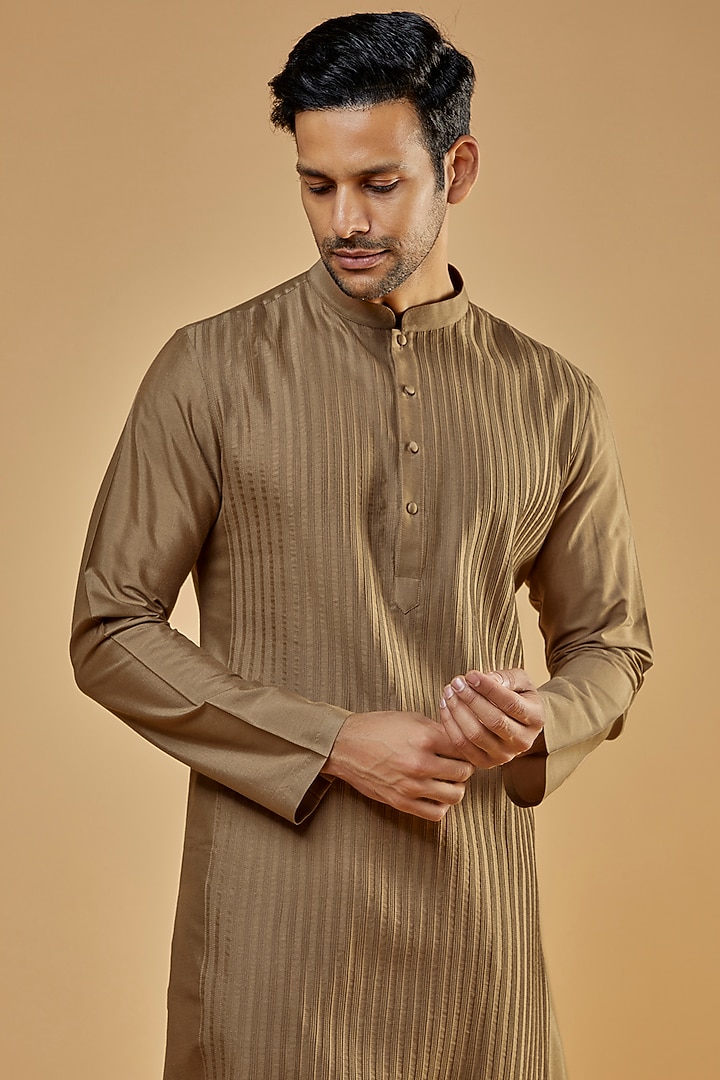 Tan Cotton Silk Kurta Set by Abhishek Gupta Men at Pernia's Pop Up Shop