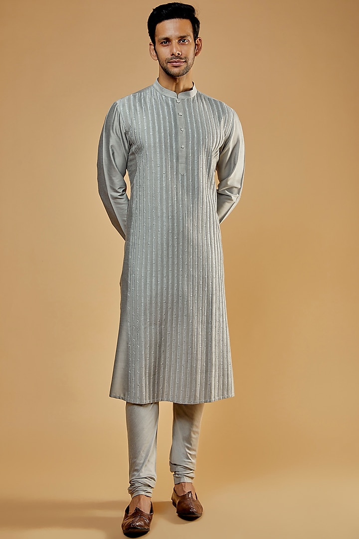 Light Grey Cotton Silk Embroidered Kurta Set by Abhishek Gupta Men