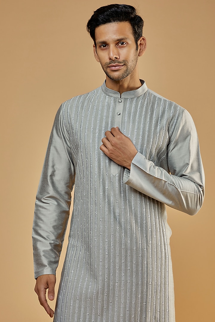 Light Grey Cotton Silk Embroidered Kurta Set by Abhishek Gupta Men at Pernia's Pop Up Shop