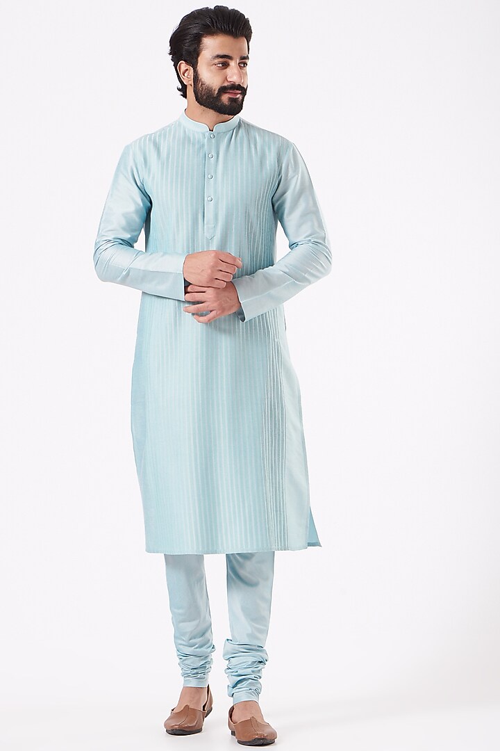 Powder Blue Cotton Silk Kurta Set by Abhishek Gupta Men at Pernia's Pop Up Shop
