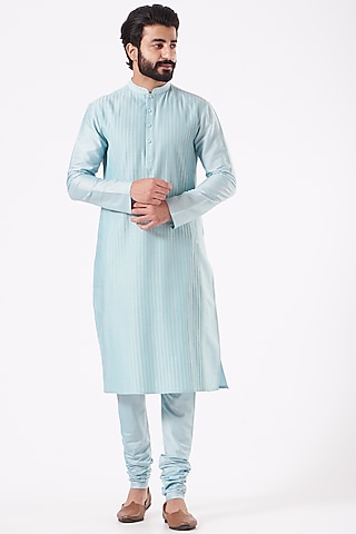Powder Blue Cotton Silk Kurta Set by Abhishek Gupta Men