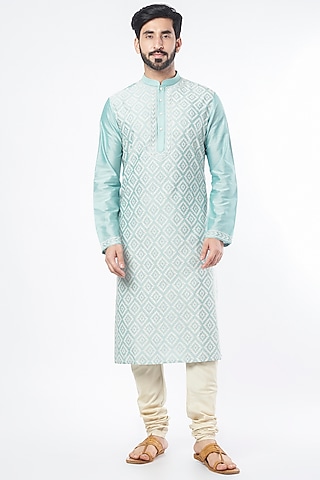 Powder Blue Cotton Silk Kurta Set by Abhishek Gupta Men