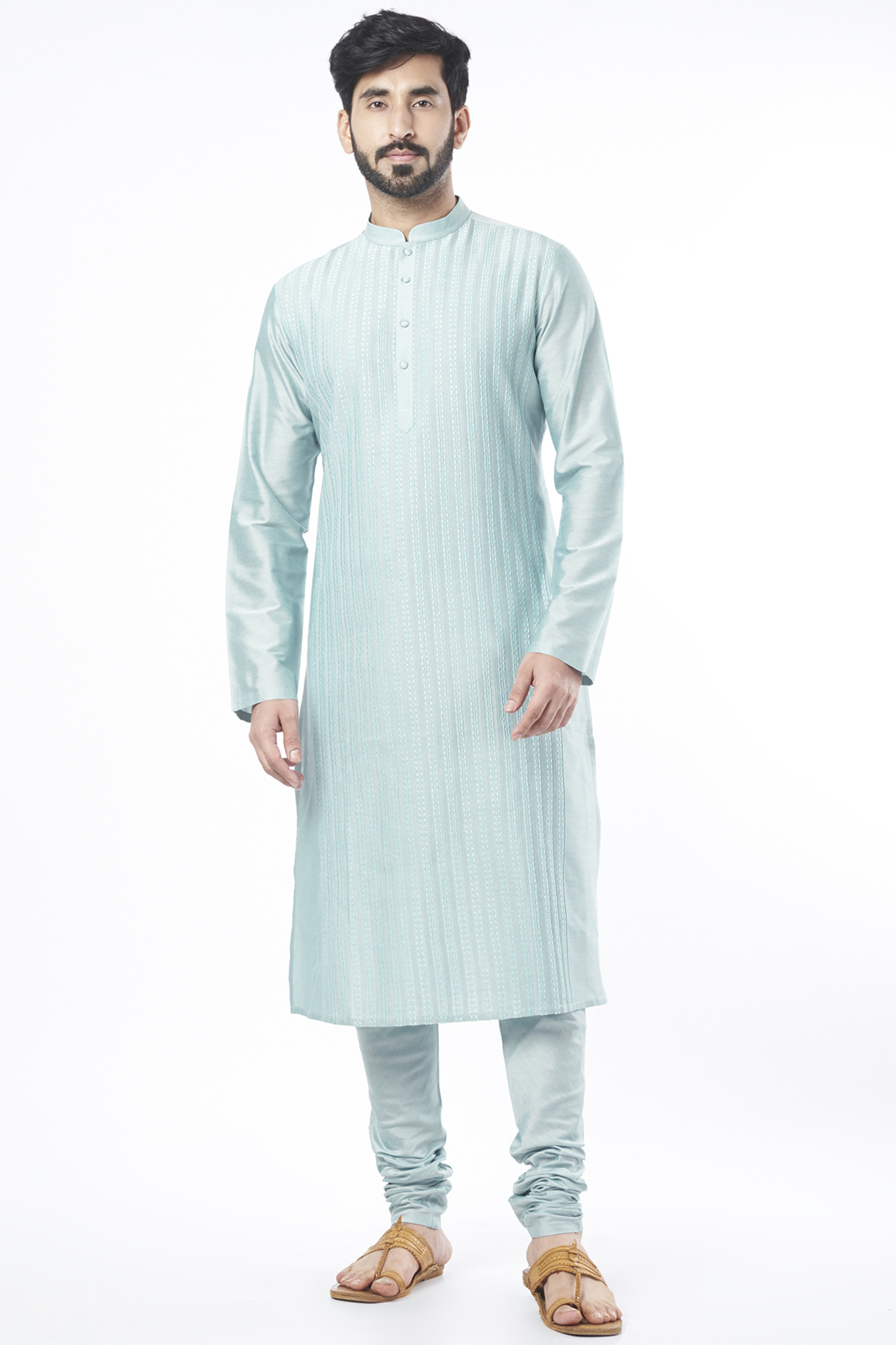 Powder Blue Embroidered Kurta Set by Abhishek Gupta Men