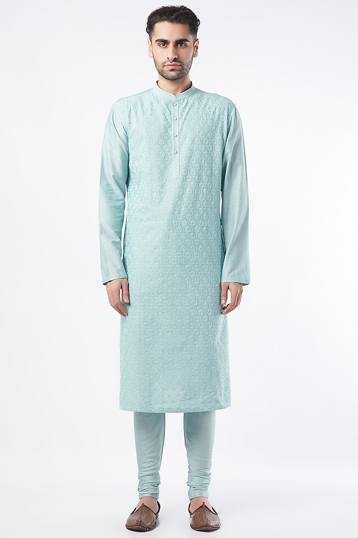 Powder Blue Embroidered Kurta Set by Abhishek Gupta Men at Pernia's Pop Up Shop