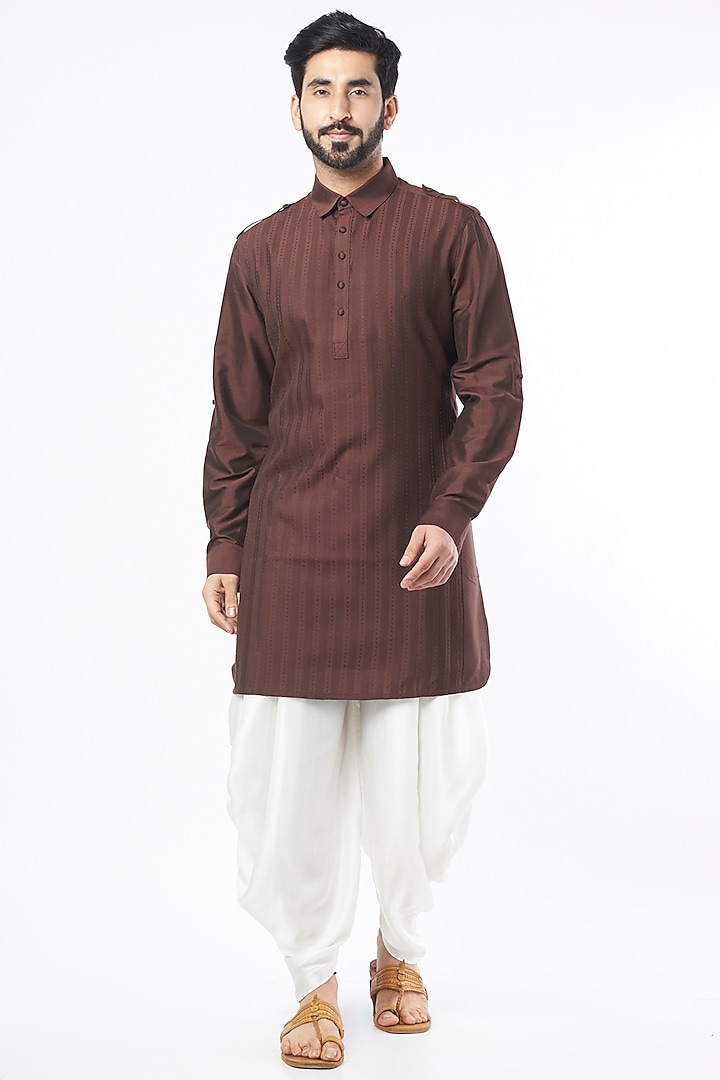 Chocolate Brown Cotton Silk Kurta Set by Abhishek Gupta Men