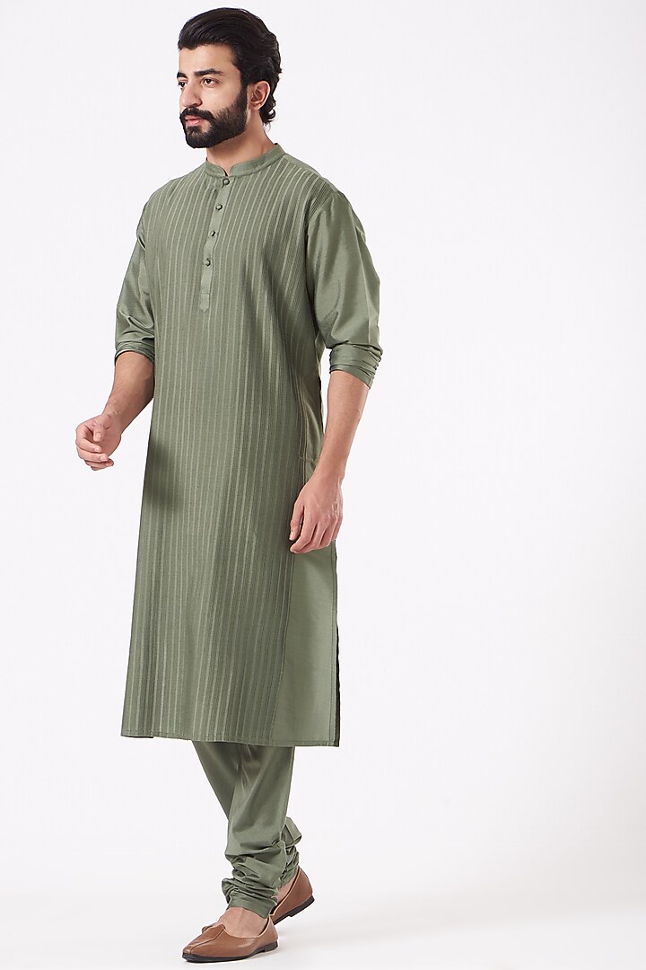 Olive Green Cotton Silk Kurta Set by Abhishek Gupta Men at Pernia's Pop Up Shop
