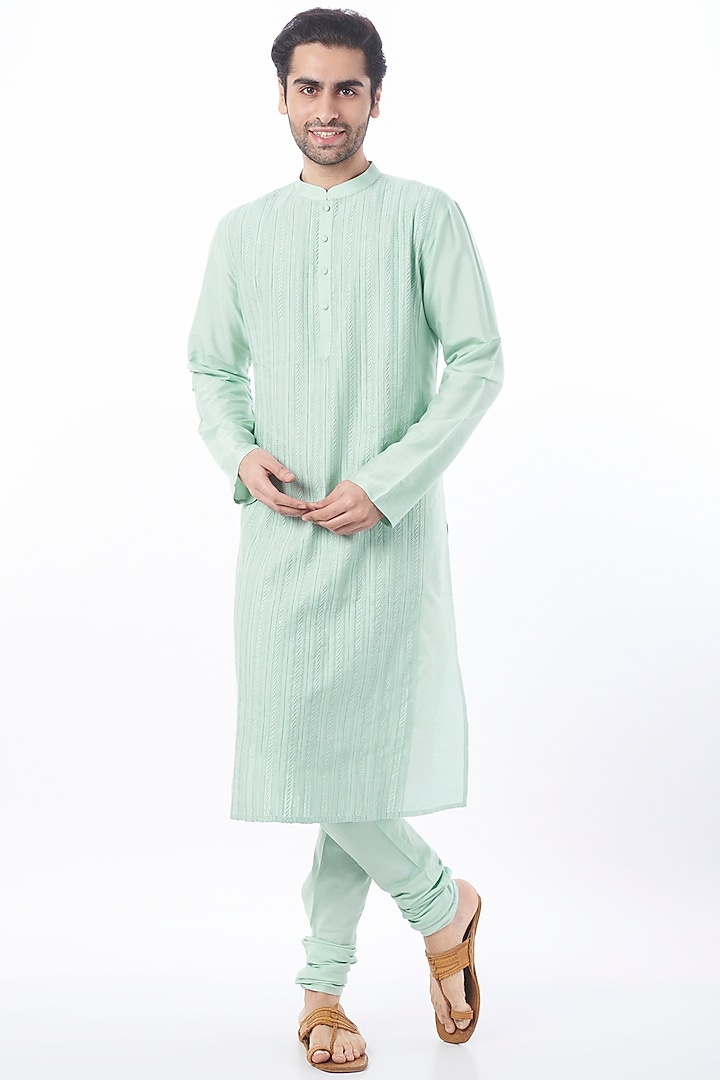 Mint Resham Embroidered Kurta Set by Abhishek Gupta Men at Pernia's Pop Up Shop