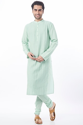 Mint Resham Embroidered Kurta Set by Abhishek Gupta Men