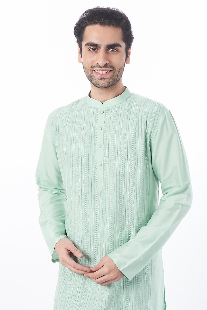Mint Resham Embroidered Kurta Set by Abhishek Gupta Men at Pernia's Pop Up Shop