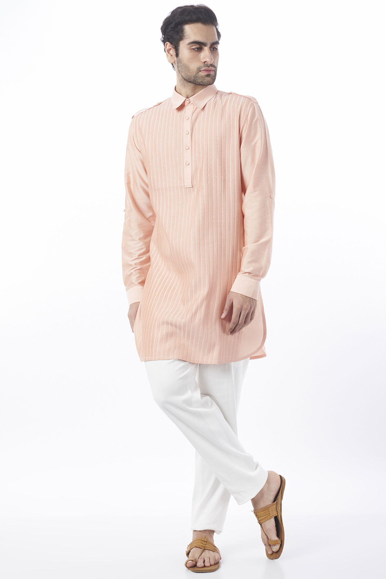Peach Cotton Silk Kurta by Abhishek Gupta Men at Pernia's Pop Up Shop
