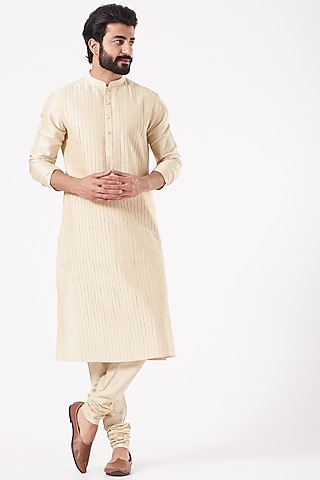Light Beige Cotton Silk Kurta Set by Abhishek Gupta Men