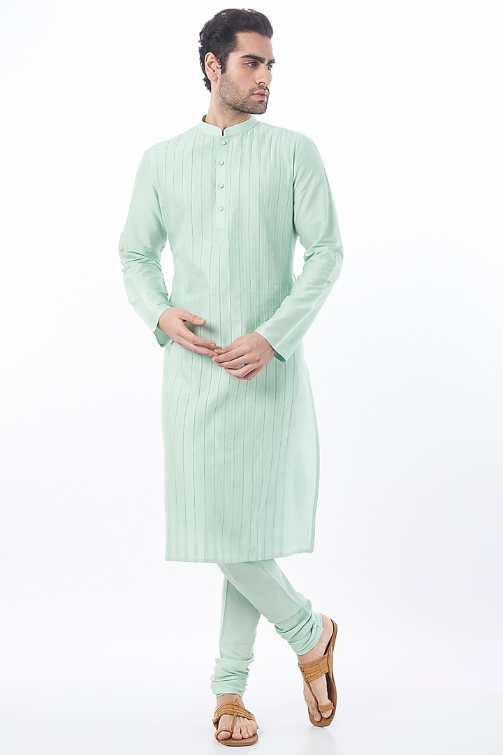 Mint Cotton Silk Kurta Set by Abhishek Gupta Men at Pernia's Pop Up Shop