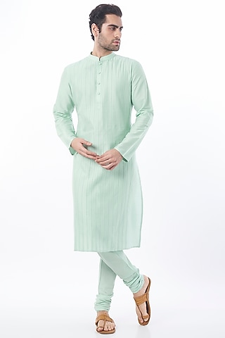 Mint Cotton Silk Kurta Set by Abhishek Gupta Men