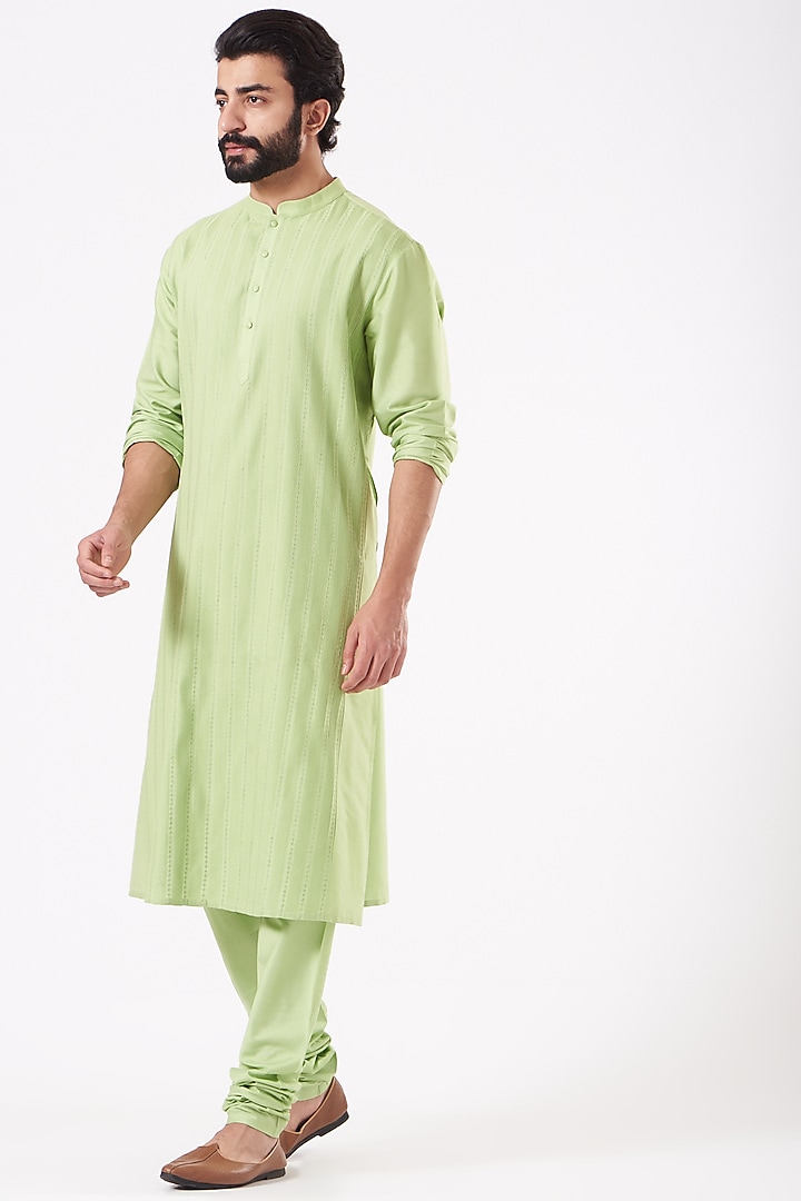 Lime Cotton Silk Kurta Set by Abhishek Gupta Men at Pernia's Pop Up Shop