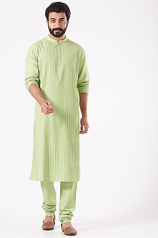 Lime Embroidered Kurta Set by Abhishek Gupta Men