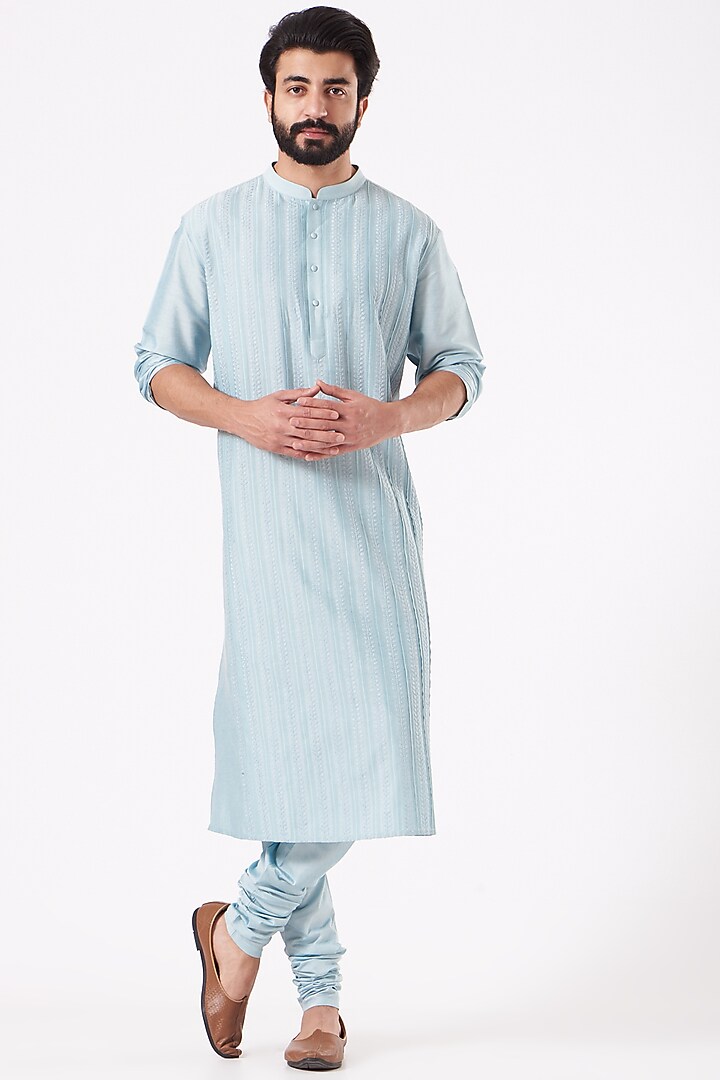 Powder Blue Pintucked Kurta Set by Abhishek Gupta Men at Pernia's Pop Up Shop