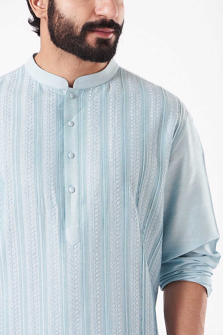 Powder Blue Pintucked Kurta Set by Abhishek Gupta Men at Pernia's Pop Up Shop