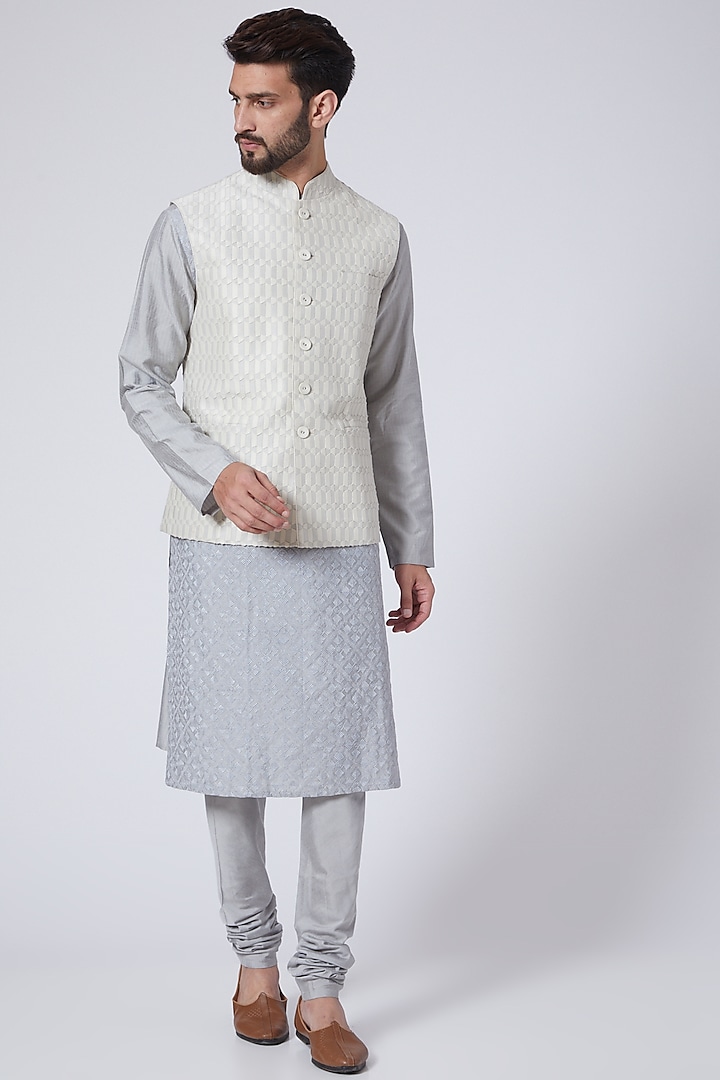 Cream Resham Embroidered Waistcoat by Abhishek Gupta Men