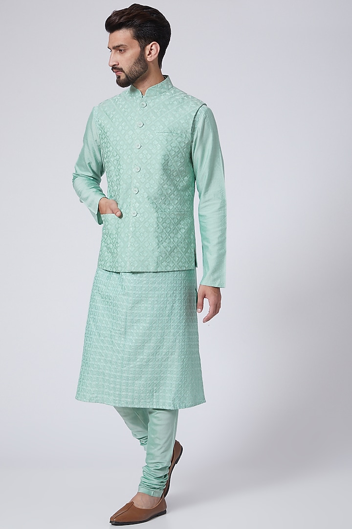 Mint Resham Embroidered Waistcoat by Abhishek Gupta Men