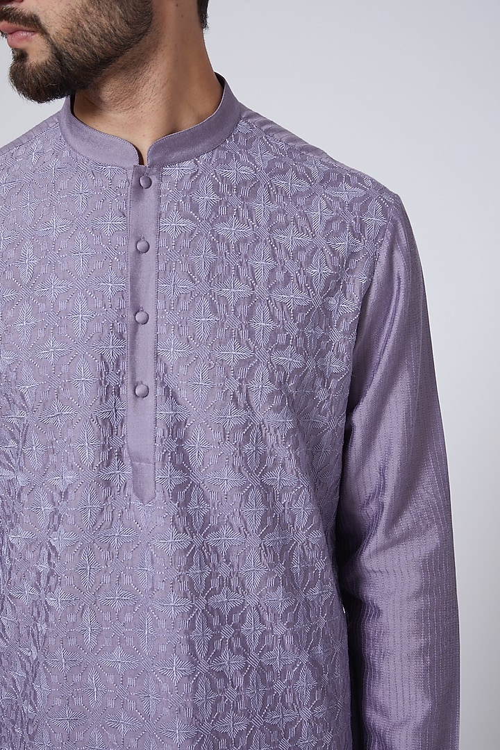 Light Purple Cotton Silk Resham Embroidered Kurta Set by Abhishek Gupta Men at Pernia's Pop Up Shop
