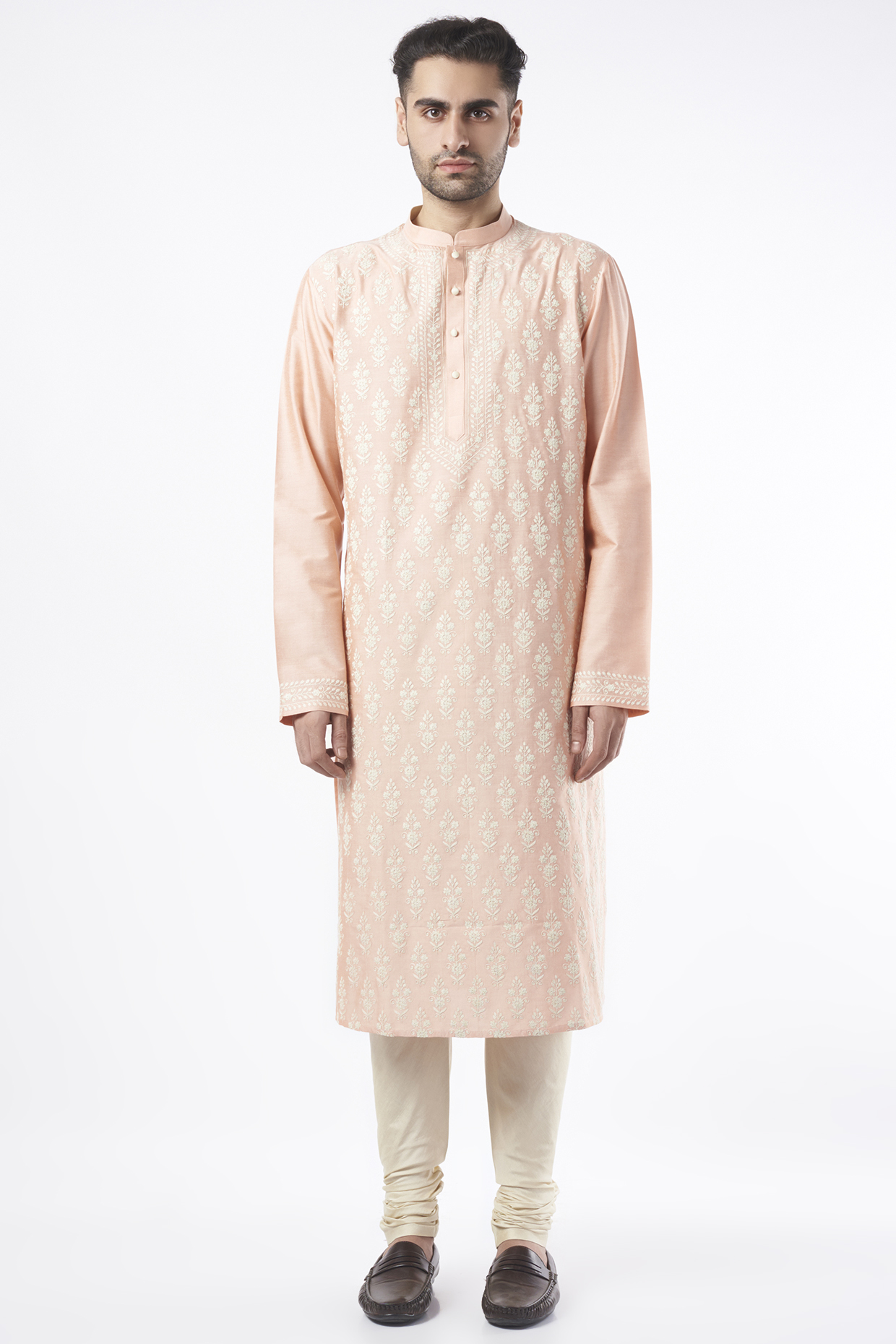 Peach Cotton Silk Kurta Set by Abhishek Gupta Men