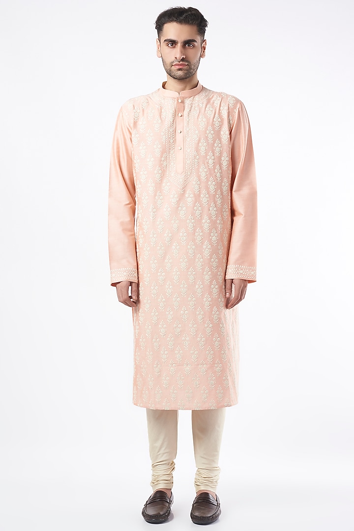 Peach Cotton Silk Kurta Set by Abhishek Gupta Men at Pernia's Pop Up Shop