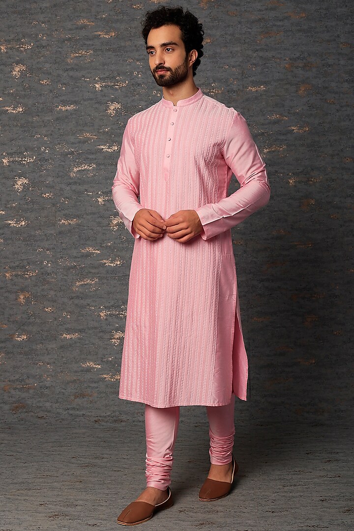 Pink Kantha Embroidered Kurta Set by Abhishek Gupta Men