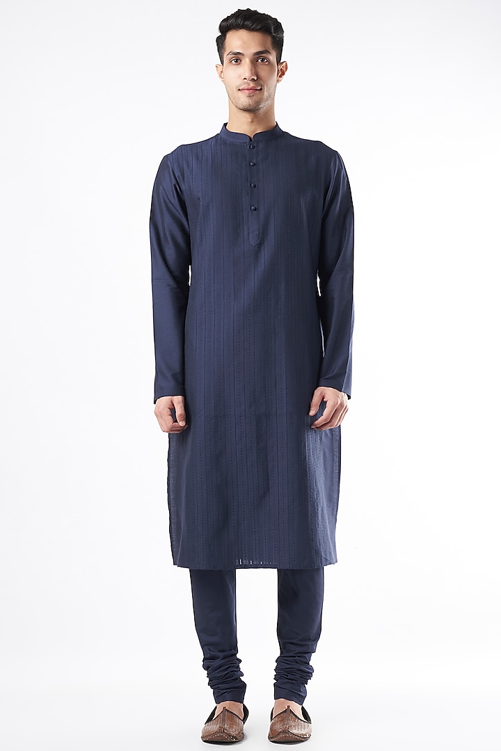 Navy Blue Kantha Embroidered Kurta Set by Abhishek Gupta Men